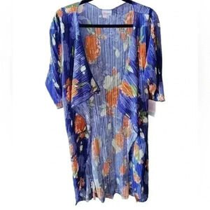 Lularoe Small blue floral Shirley kimono. Accordian pleats. Orange, white floral